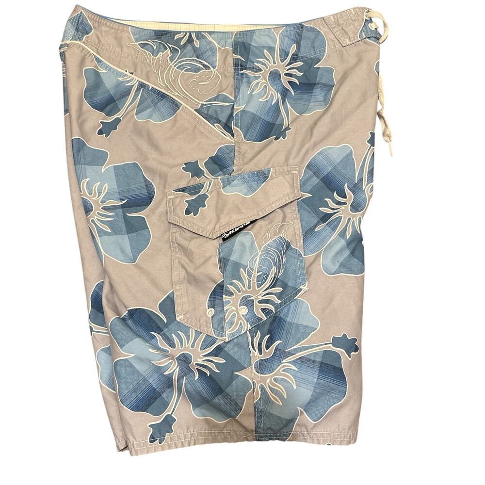 Kirra Swim Trunks Mens 32 Blue Gray White Floral Board Shorts Cargo Pocket